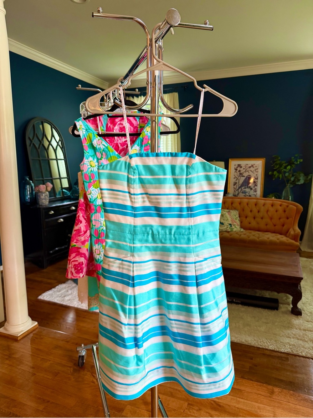 Lilly Pulitzer Strapless Aqua, Teal & White Striped Strapless Dress